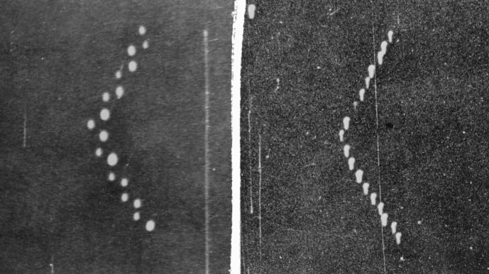 The boomerang pattern of Lubbock Lights were photographed by 19-year-old Carl Hart, Jr., on August 30, 1951, in Lubbock Texas.