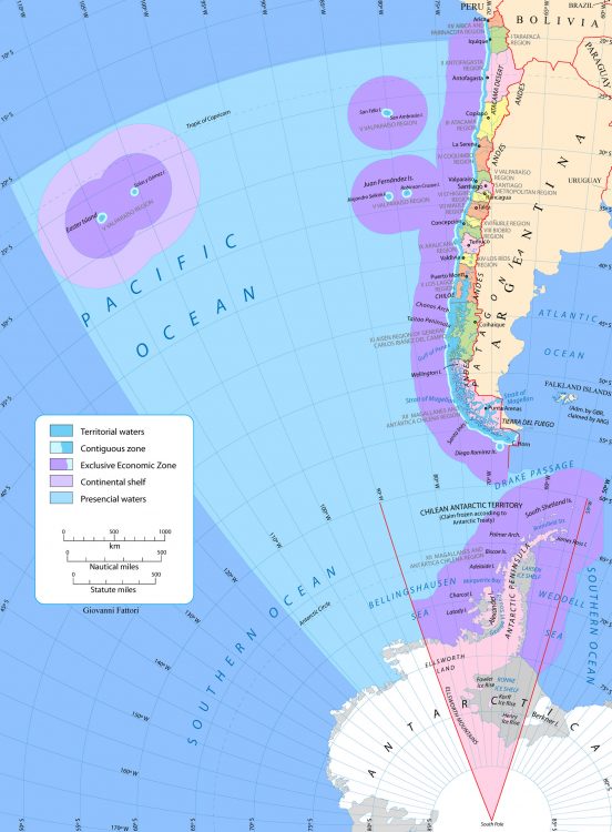 Chile has had territory in Antarctica (purple and pink triangle) since 1947. Drake Passage is the narrow water between the tip of Chile and Argentina and the Antarctic Peninsula.