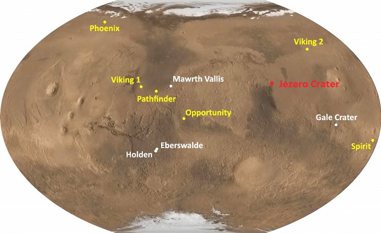 Jezero Crater (red) marks the location on Mars in relationship to other American missions (yellow names) and geological sites (white names).