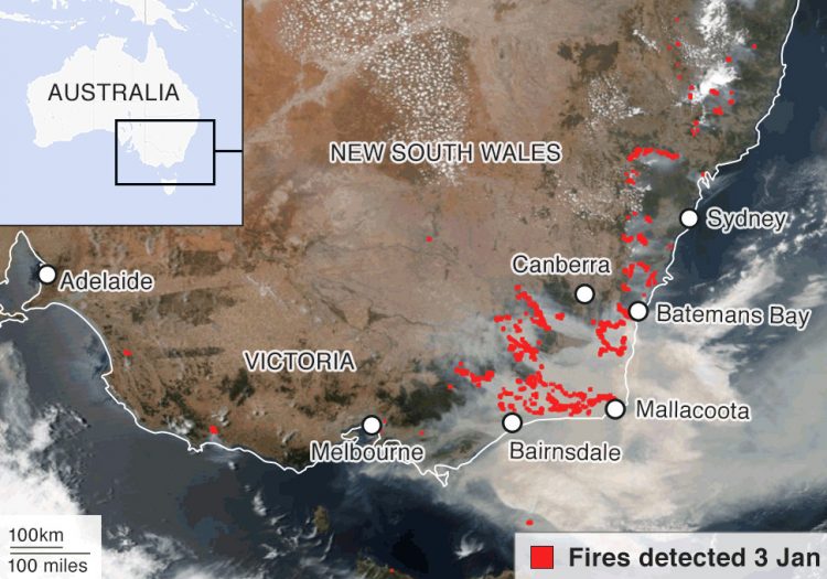 This NASA satellite image shows fires in red spreading in New South Wales and Victoria on January 3, 2020. The smoke is so thick that it has reached New Zealand 1,300 miles away. Map by NASA and BBC.