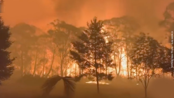 Out-of-control huge flames 230 feet (70 m) high on the northern edge of the Blue Mountains national park in Australia. Video image on Dec. 16, 2019, by Mehr News Agency.