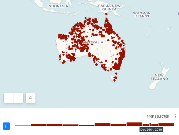 60,000 square miles (14.8 million acres) have burned up in Australia since November 1, 2019, and 20 people have died, including three volunteer firefighters. The weekend of January 4-5, 2020, is expected to be a "blast furnace," according to Andrew Constance, Transport Minister in New South Wales. Map assembled from NASA data by BBC as of January 3, 2020.