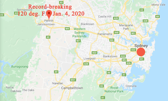 Saturday, January 4, 2020, was the hottest day on record in metropolitan Sydney, Australia, where 37 miles northwest the suburb of Penrith (map below) hit 120 degrees F., according to the Australian Bureau of Meteorology. The national capital, Canberra, set a record high with a temperature of 110 degrees F.