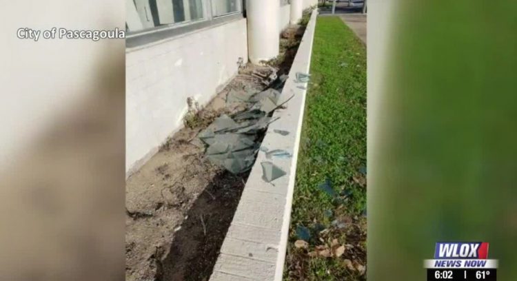 Old Hancock Bank in Pascagoula, Mississipi, had a front window break out with the force of whatever caused the mysterious loud boom Friday morning near 10:30 AM Eastern, January 24, 2020.