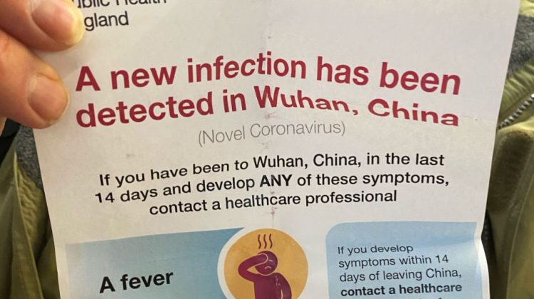 This leaflet about the Wuhan coronavirus "new infection" is being handed out to airline passengers at Heathrow Airport in London, England. Image © by Sky News.