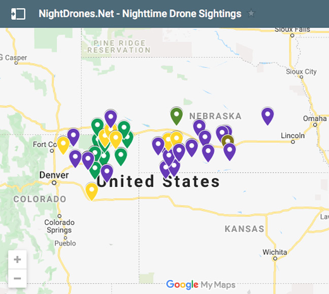 Google markers show evolution from mid-December 2019 to first week of January 2020 of mysterious, still-unidentified drone-like aerial objects that are still flying over northeastern Colorado and southwestern Nebraska, baffling some authorities, but the silence of the Dept. of Defense about what could be a security threat implies that DoD and related agencies must know more about the drone mystery. Map by NightDrones.net