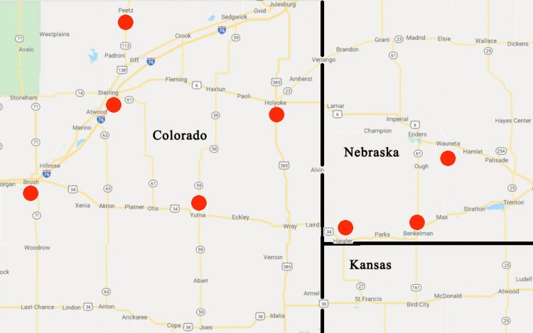 Red circles highlight the general northeastern Colorado and southwestern Nebraska regions where the mystery drones have been repeatedly flying over since mid-December 2019. Haigler, Nebraska, near the intersection of the black boundary lines of Colorado, Nebraska and Kansas, is where Angus rancher Alex Peterson recorded with his thermal Riflescope on January 2 and 6, 2020, unusual aerial objects he has been seeing above his ranch since December 30, 2019.