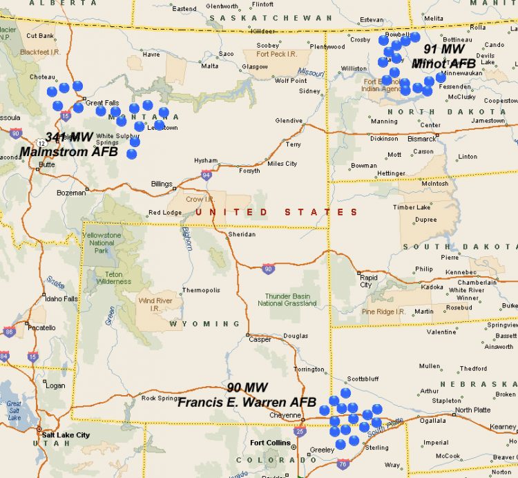 Current map of some 400 LGM-30 Minuteman III American nuclear missile distributed in underground silos at Francis E. Warren AFB in Cheyenne, Wyoming; Malmstrom AFB in Great Falls, Montana; and Minot AFB in Minot, North Dakota. 