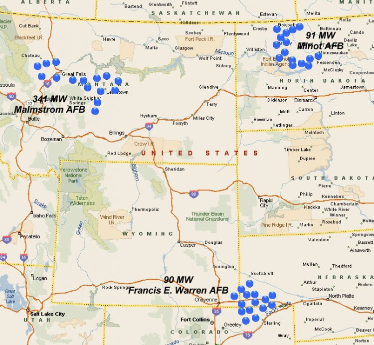 Current map of some 400 LGM-30 Minuteman III American nuclear missile distributed in underground silos at Francis E. Warren AFB in Cheyenne, Wyoming; Malmstrom AFB in Great Falls, Montana; and Minot AFB in Minot, North Dakota.