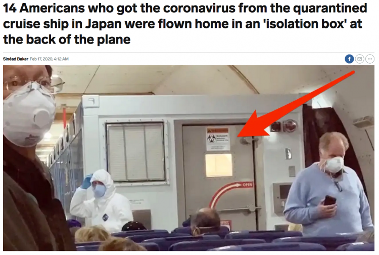 U. S. State Dept.-approved isolation box for the 14 U. S. passengers who tested positive for COVID-19 coronavirus right before evacuation from Diamond Princess cruise ship in Yokohama Port near Tokyo, Japan, on February 17, 2020. Image by AP/Business Insider.