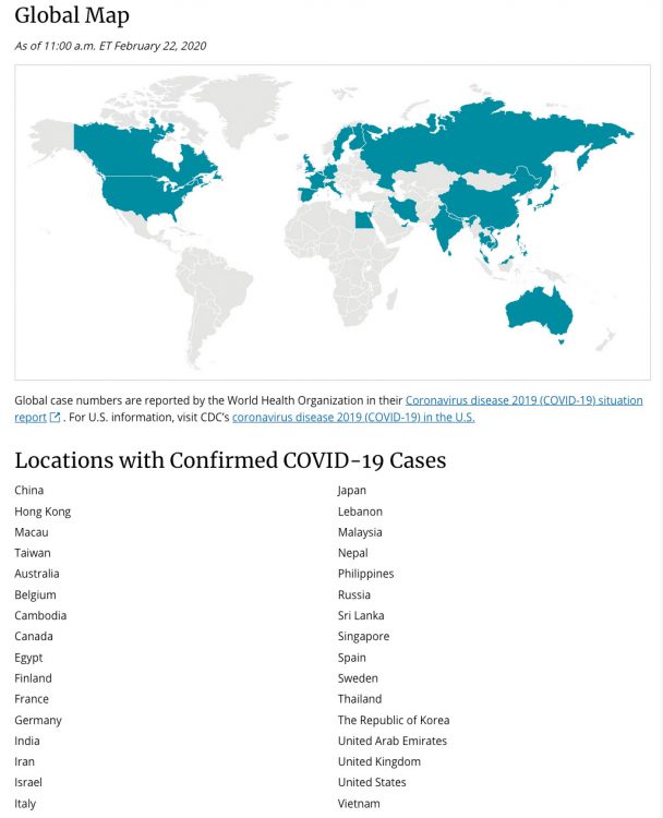 32 countries around the world with positive confirmation of COVID-19 cases in map by CDC. Click to enlarge.