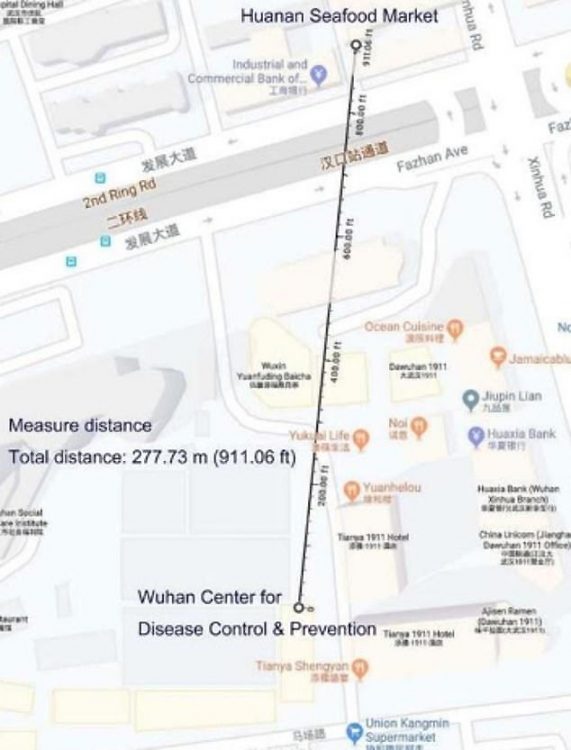 Huanan Seafood Market at top of map is 300 yards from the Wuhan Center for Disease Control & Prevention. Map by UK Daily Mail, February 16, 2020.
