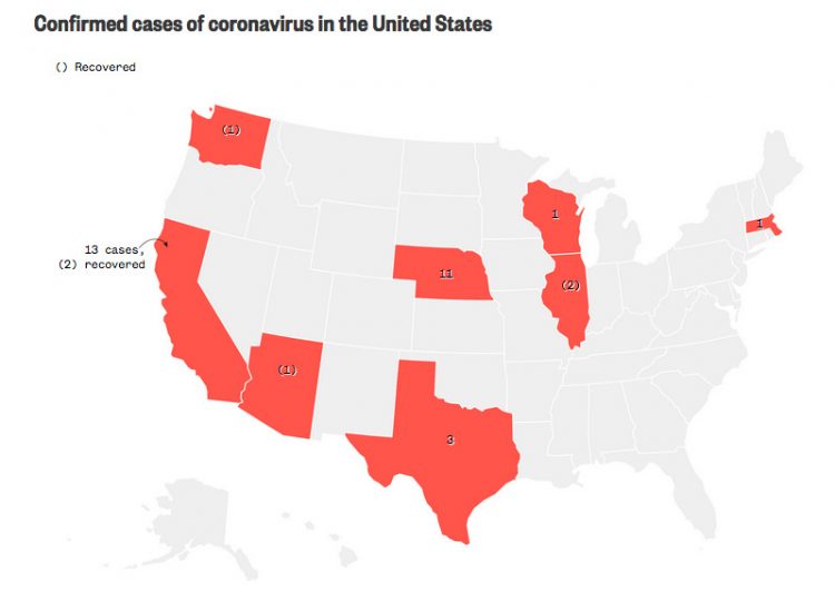 United States 33 confirmed COVID-19 cases as of February 22, 2020, in Washington state, California, Arizona, Texas, Nebraska, Illinois, Wisconsin and Massachusetts have confirmed COVID-19 cases as of February 19, 2020.