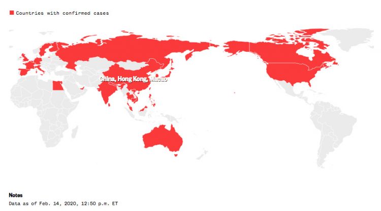 World Health Organization (W.H.O.) February 14, 2020 map of COVID-19's spread around the world now to 27 countries: China, Thailand, Taiwan, Japan, Singapore, South Korea, Vietnam, the United States, France, Australia, Malaysia, Nepal, Germany, Sri Lanka, Cambodia, Canada, United Arab Emirates, Finland, India, the Philippines, the United Kingdom, Italy Russia, Sweden, Spain, Belgium and now today a case was confirmed in Egypt, which implies the potential to now spread throughout Africa. Map by W.H.O.