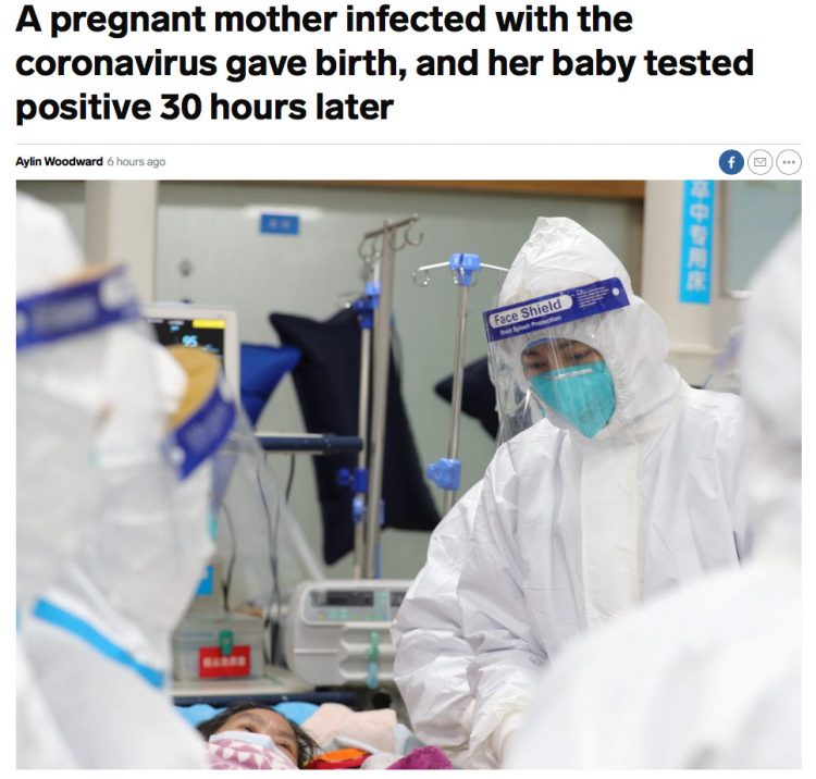 Wuhan Central Hospital coronavirus patient surrounded by virus-shielded doctors. This week at the Central Hospital, a mother of a newly born infant tested positive for the Wuhan coronavirus. 30 hours later, her new born tested positive for the coronavirus as well. Was transmission from mother to unborn baby? Image by Reuters.