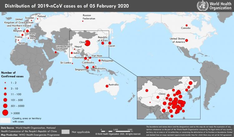February 5, 2020, World Health Organization map of Wuhan coronavirus confirmed cases around the world now in 28 countries including Belgium now reporting its first case: 28,018 cases and 563 death toll. Click to enlarge big W.H.O. map.