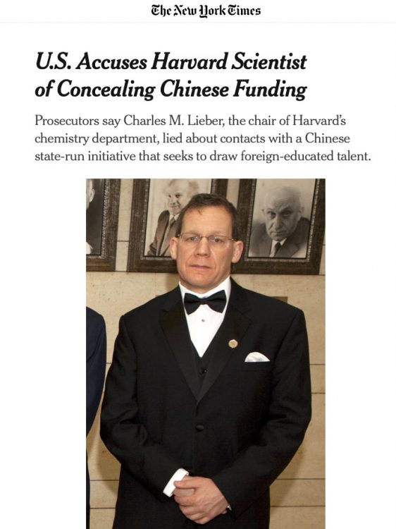 Prof. Charles M. Lieber, Ph.D., Chair of Chemistry Dept, Harvard University, was arrested in hand cuffs on 