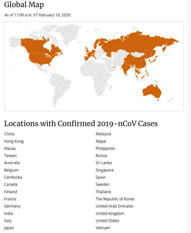 Centers for Disease Control and Prevention (CDC) February 10, 2020, world map of Wuhan coronaviruses infecting 28 countries, 4 continents, which is technically a pandemic. Click to enlarge.