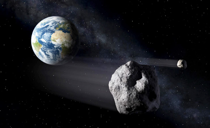 On March 21 and 22, a total of four asteroids will approach Earth. None are expected to collide with our planet. But since there are over 17,000 Near-Earth Object asteroids in our solar neighborhood, some day one might impact. The estimated diameter of the asteroid that took out the dinosaurs was 6 miles in diameter. Artist's illustration of asteroids approaching Earth by NASA.