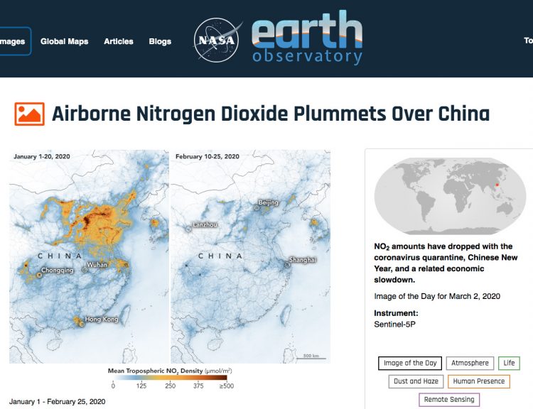 NASA and the European Space Agency released these satellite images from the Earth Observatory pollution monitor. On left: Nitrogen Dioxide pollution over China on January 1 - 20, 2020. On right: Earth Observatory image of China from February 20-25, showing dramatic clearing of air pollution after the largest and most strict government-imposed lockdowns in human history of at least 100 million people in Wuhan, Hubei Province and surrounding region. 