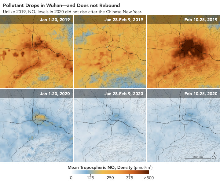 The top row of gold and brown thick air pollution eas a year ago from January 1 to February 25, 2019. This year of 2020, the bottom row shows mostly pale blues after the air cleared dramatically when Chinese authorities shut down transportation going into and out of Wuhan in order to contain the spreading COVID-19.