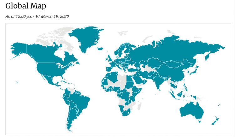 March 19, 2020, world map of COVID-19 coronavirus disease now in ---- countries of a total 194. Map by CDC.