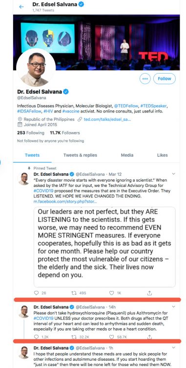 March 21, 2020, a Philippine infectious disease physician and miolecular biologist Edsel Salvana, Ph.D., tweet warning about the use of