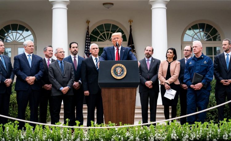 President Trump declared a national emergency in the White House Rose Garden on Friday afternoon, March 13, 2020, surrounded by American corporate leaders and medical experts. Image by Erin Schaff/NYT.
