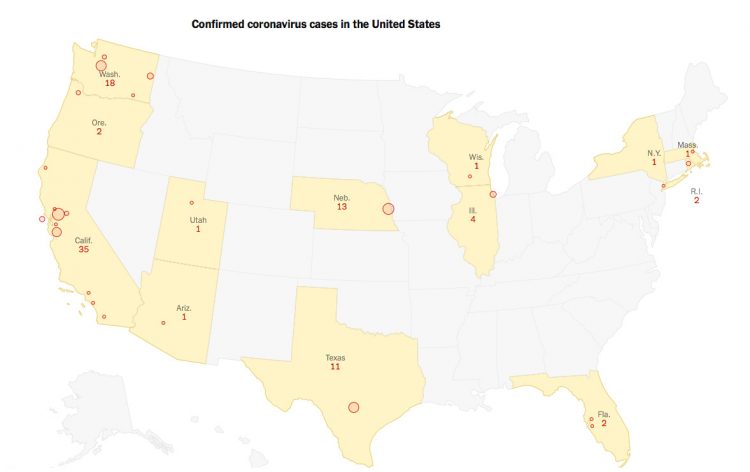13 states in America now have 92 confirmed cases of the COVID-19 coronavirus that was reported today, March 2, 2020, to have killed 6 people in Washington State. Click to enlarge.