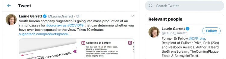 Tweet from Laurie Garrett, award-winning TV journalist and author of the non-fiction books I Heard the Sirens Scream; The Coming Plague; and Ebola & Betrayal of Trust.