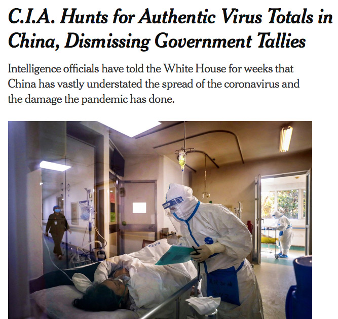 April 2, 2020, China has officially reported daily death toll numbers far below death tolls for Italy, Spain and the United States, averaging around 6 COVID cases per 100,000 people. C.I.A. sources insist the China government numbers are not the truth and are deliberately kept low. Image by CHINATOPIX via AP.