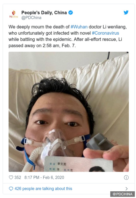 By February 7, 2020, at 2:58 AM local time, when that same Dr. Li's life was taken by the insidious new COVID-19 coronavirus, mainland China was reporting 31,161 cases of the disease and 636 dead. Tweet published in People's Daily, China, February 7, 2020.