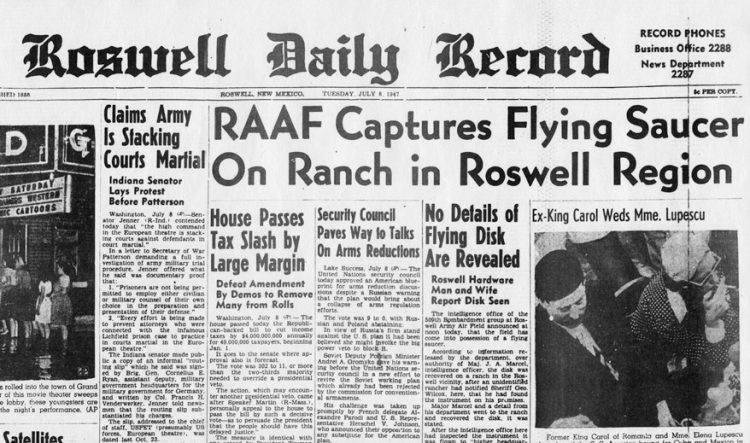Roswell Daily Record front page on Tuesday, July 8, 1947, Roswell, New Mexico.