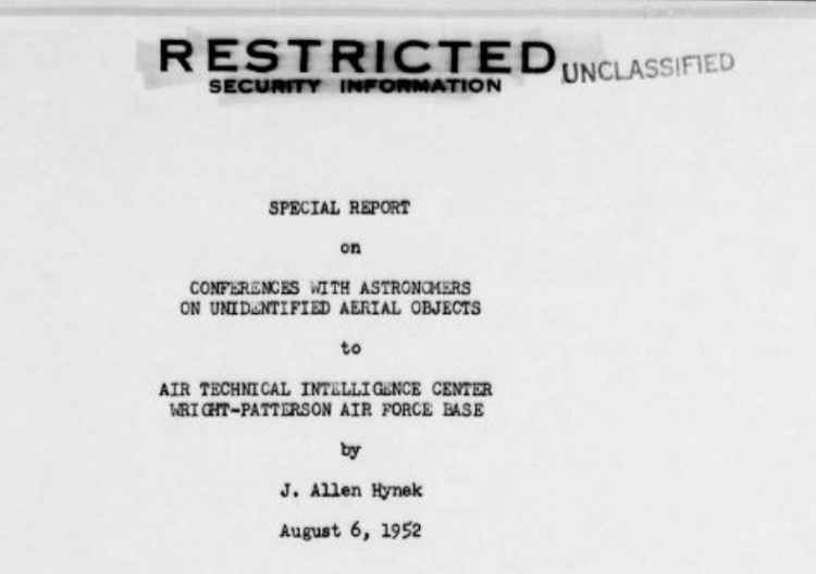 An August 6, 1952, 21-page Special Report about professional astronomer sightings of unidentified aerial objects written by astronomer J. Allen Hynek, Ph.D., and submitted to Air Technical Intelligence Center, Wright-Patterson AFB in Dayton, Ohio.