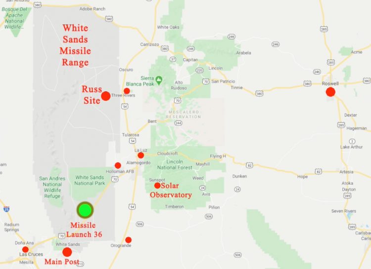 Russ Site in 1970 was about 5 miles west of Three Rivers, New Mexico, on White Sands Missile Range. This is where Stephen P. was when a "huge green orb craft" showed up at 3 AM over Missile Launch 36 site that was 34 miles southwest of the Russ Site. More recently, the now-notorious September 2018 shut down of the Sunspot Solar Observatory northeast of the Missile Launch 36 site was later attributed to Chinese computer spies trying to hack into White Sands Missile Range operations. Click to enlarge map.