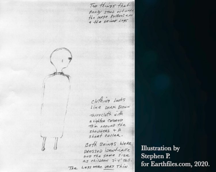 Two things that really stood out were the large bulbous eye and the skinny legs. Clothing looks like dark brown terry cloth with a lighter colored trim around the shoulders and a short collar. Both beings were dressed identically and the same size as children 3-4 feet tall. The legs were VERY thin.