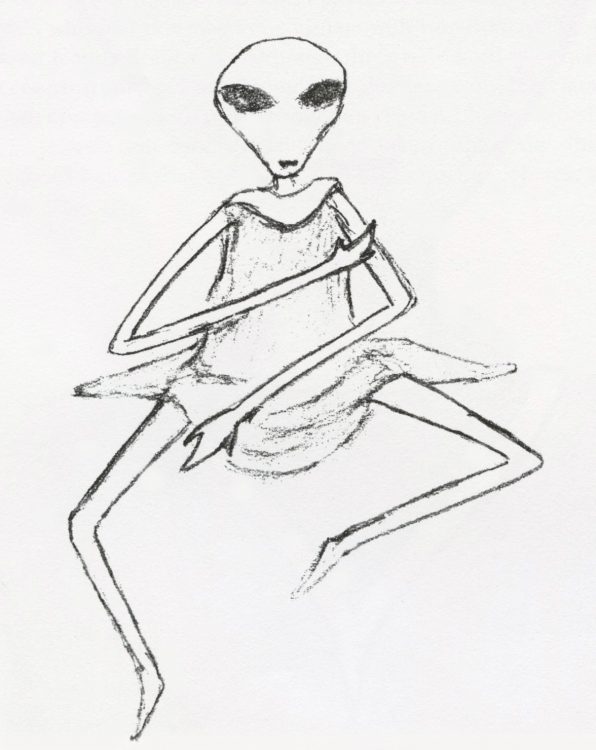 Drawing by Jeanne Robinson of "praying mantis" female that seemed "in charge" during one of Jeanne's abduction experiences. See Glimpses of Other Realities, Vol. I: Facts & Eyewitnesses © 1993 by Linda Moulton Howe. 