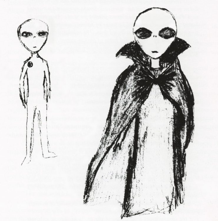 Drawing by Jeanne Robinson of a grey-skinned being she called her "familiar buddy," who sometimes wore a collared cloak. Behind that cloaked entity, Jeanne drew one of the smaller types she thinks are biological androids programmed to do work for the advanced inset-type praying mantis species that "preside over everyone else." Illustration © by Jeanne Robinson and published in Glimpses of Other Realities, Vol. I: Facts & Eyewitnesses © 1993.