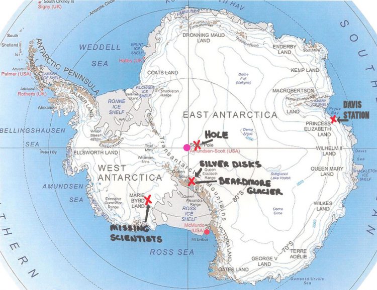 Antarctica map locations of high strangeness marked by U. S. Navy Flight Engineer Brian S. for Linda Moulton Howe, Earthfiles.com, January 2015.
