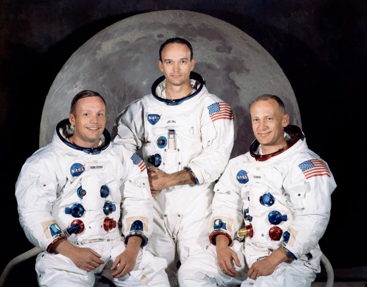  L-R: NASA Apollo 11 Mission Commander Neil Armstrong; Command Module Pilot Michael Collins; Lunar Module Pilot Edwin "Buzz" Aldrin, July 1969. Armstrong and Aldrin were first humans to walk on the moon.