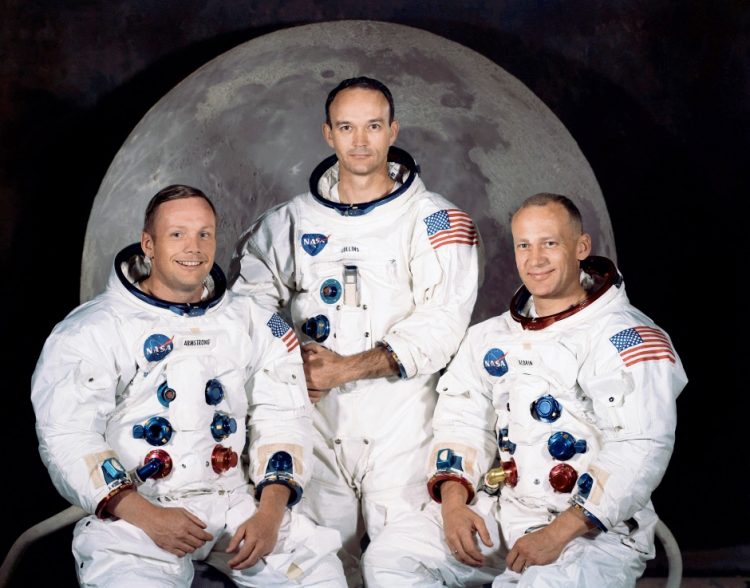 L-R: NASA Apollo 11 Mission Commander Neil Armstrong; Command Module Pilot Michael Collins; Lunar Module Pilot Edwin "Buzz" Aldrin, July 1969. Armstrong and Aldrin were first humans to walk on the moon.