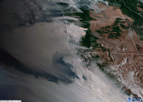 Millions of acres of wildfires burning in Washington, Oregon and California shown in this moving gif posted to Twitter September 8, 2020, by meteorologist Dakota Smith in the Cooperative Institute for Research in the Atmosphere (CIRA) at Colorado State University in Fort Collins, Colorado. Two types of imagery were combined: the GOES-West Satellite in GeoColor, which shows the smoke clouds and the topography plus Fire Temperature imagery, which uses infrared cameras to pinpoint the fires. Moving image by CIRA.