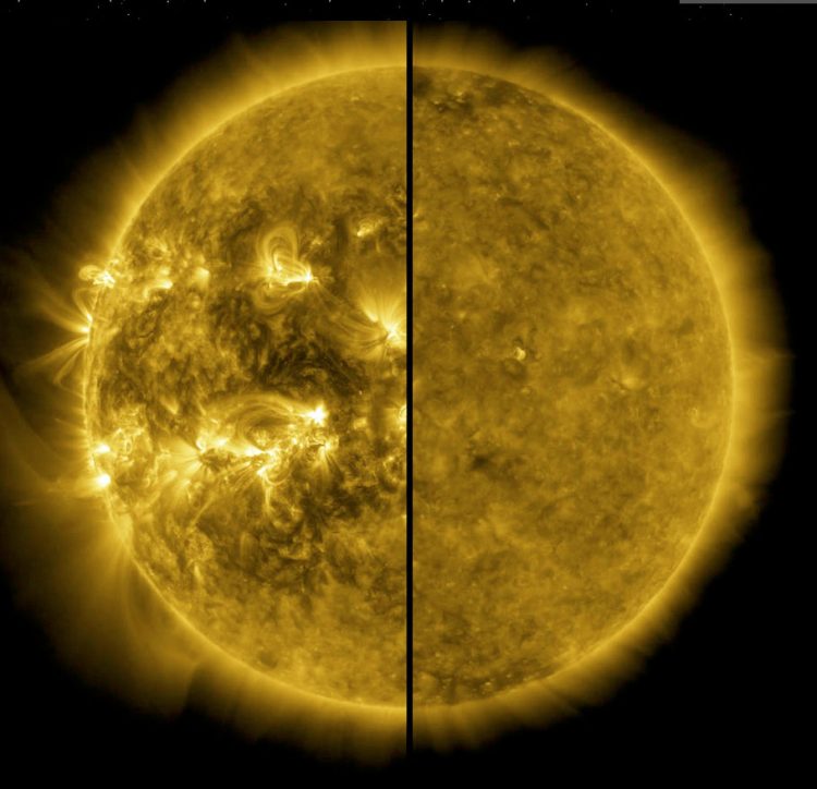 This split image shows the difference between an agitated Solar Maximum sun in April 2014 on the left and a quiet Solar Minimum sun in December 2019 on the right. NOAA and NASA announced on September 15, 2020, that Solar Cycle 25 has now begun and the sun will become more and more active reaching its solar maximum predicted for 2025. Image by NASA and SDO.