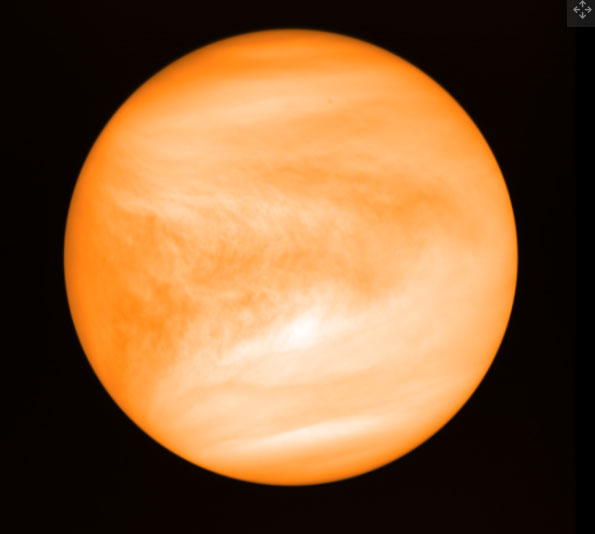 The idea of organic life on Venus has been a long-standing question. After spacecraft began studying the second planet from our Sun, it is clear the Venus environment is extremely hot compared to Earth's. But now the September 14, 2020, U. K. Cardiff University report that there is phosphine, at higher abundance in the Venus upper atmosphere than expected, increases the possibility that microbial life in the form of spores is floating at 30 miles (50 km) above the Venus surface. Image by Japan's Akatsuki spacecraft on May 6, 2016, and included in September 14, 2020, report by Prof. Jane Greaves, Ph.D., Astronomy Group, U. K. Cardiff University.