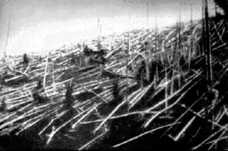 80 million trees beneath the Tunguska June 30, 1908, atmospheric explosion were knocked down over an area of 830 square miles of forest, photographed in 1927. Image in Wikipedia.