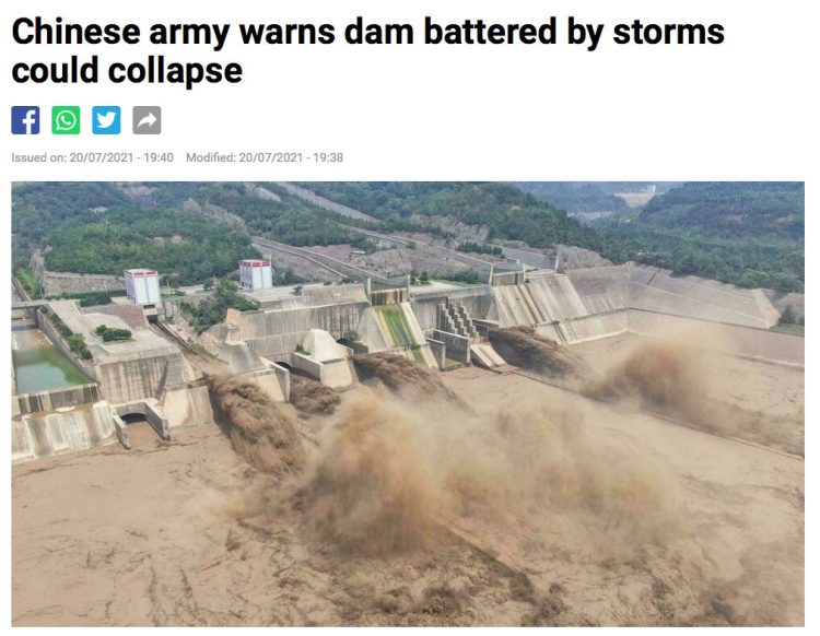 The Xiaolangdi Reservoir Dam in Luoyang, China's central Henan Province, has been overwhelmed with flooding rain waters since July 5, 2021, when this aerial photo was taken by AFP. Click to enlarge.