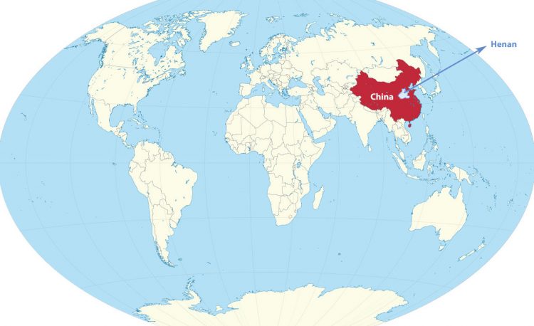 Henan Province (pale blue) in east central China in this Google Earth map has 94 million people. Zhengzhou is the ancient capital dating back to Neolithic times that had 10.35 million population in 2019.