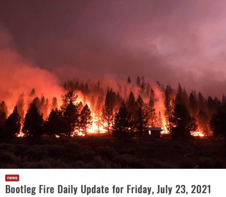 The Bootleg Fire in southern Oregon is the largest wildfire so far in 2021 in the United States, having burned up 530 square miles of forest and grasslands by July 23rd, and still raging. Image by The Klamath Tribes.