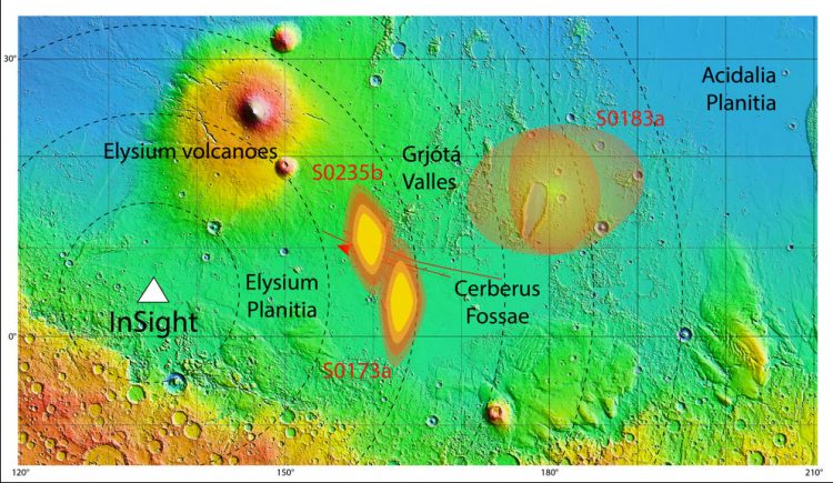 InSight rover detected Marsquakes in the Cerberus Fossae region (map center), which was a surprise since the Elysium volcanoes including Olympus Mons are so much bigger. MAP by NASA/USGS/MOLA/DLR.