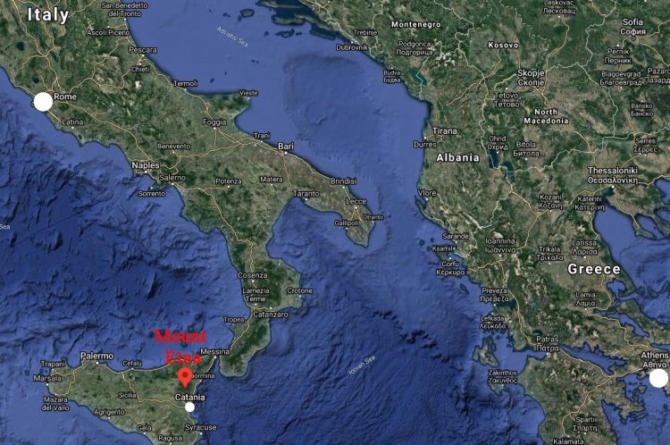Mount Etna in Catania, Sicily, is 494 miles southeast of Rome, Italy. Click map to enlarge.